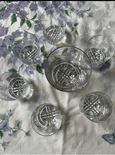 6 Vasos Whisky + Hielera Cristal Tallada. Modelo Vintage