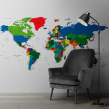 Vinil Adhesivo Tapiz Oficina Mapa Global Colores Continentes