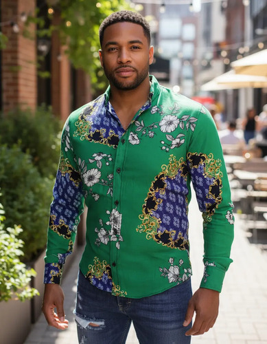 Camisa Verde Musgo Con Flores Blancas Con Detalles Dorados