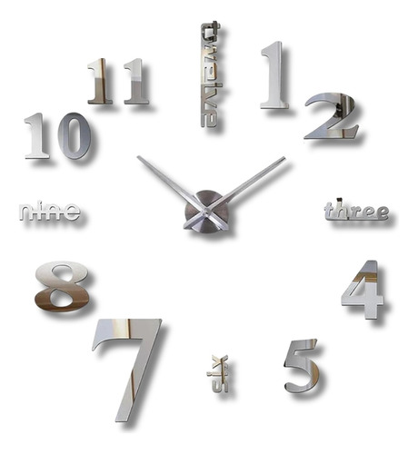 Exclusivo Reloj De Pared 3d Gigante Plateado En Madera