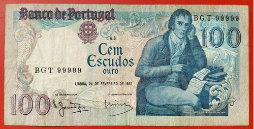Nota 100 Escudos #capicua Real# N°99999 Portugal Rara/rara