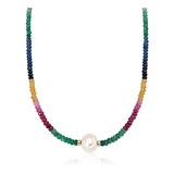 12  13 mm. Perla Cultivada Y Multicolor Zafiro Collar