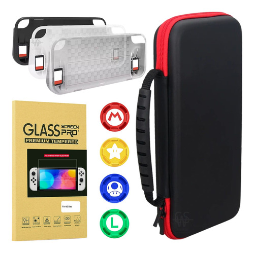 Case Rígida Nintendo Switch+ Película Vidro Oled+ Grips+ Tpu