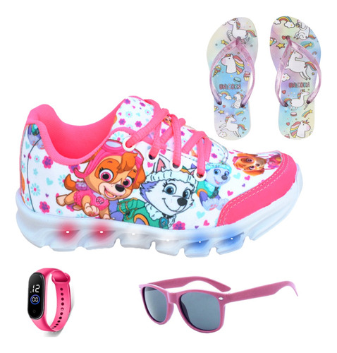 Tênis Infantil Feminino Luzes Led Patrulha Canina + Brindes