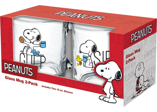 Icup Peanuts Snoopy Juego De 2 Tazas De Vidrio De 16 Oz, Med