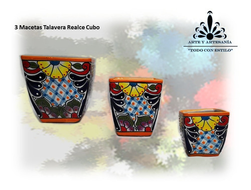 New! Artesanía Mexicana-3 Macetas Talavera Realce Cubo