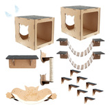 Brinquedos Para Gatos Kit 15 Peças Parede Ponte Nicho Mdf