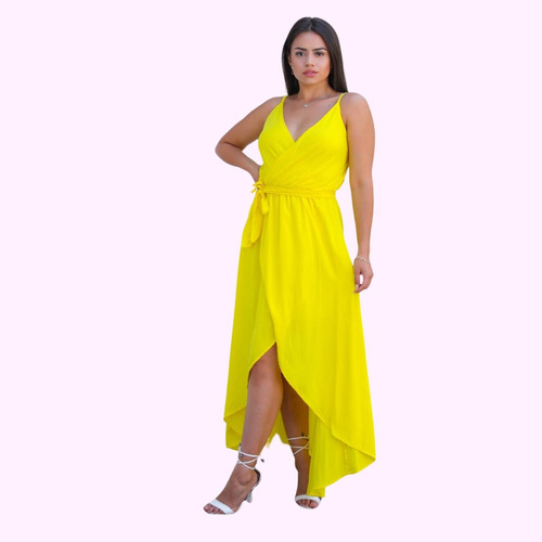 Vestido Feminino Longo Transpassado De Amarrar Com Forro