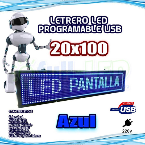 Letrero Led Programable Usb Azul 20x100  220v