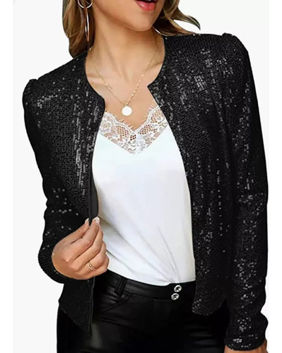 Chaqueta Corta Casual Con Cuello Alto Y Lentejuelas