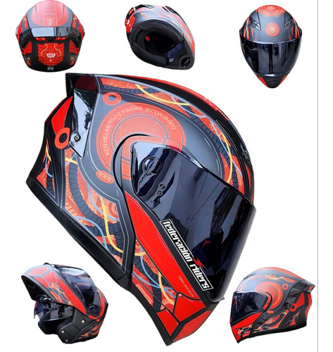 Casco Moto Kov Cyborg Rojo Abatible Luz Led Certificado Fz 