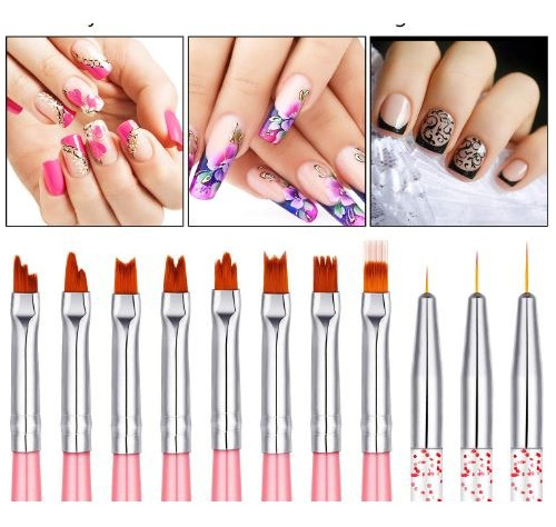 11 Pinceles Manicure, 8  Petalos Flores, 3 Liner + Lima