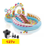 Piscina Inflável Playground Candy Infantil + Bomba Elétrica Cor Azul