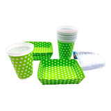 Kit Fiesta Vasos Platos Y Cubiertos Polka Neon Verde X 12 Un