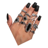 Set X11 Anillos De Metal Con Piedra Negra Diversos Tamaños