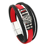 Pulsera Cuero Vikinga Vegvisir Valknut Hombre Mujer Layers Color Rojo-valknut Diámetro 8   Largo 21 Cm