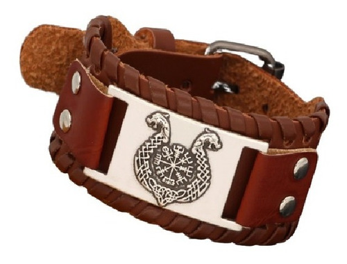 Pulsera Brazalete Cuero Dragón Vikingo Nórdico Runas Hombre