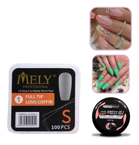 Tips Coffin Largos Para Soft Gel + Press Gel Solido 10g