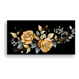 Cuadro Decorativo Brillante Con Rosas Negras Y Doradas 40x20
