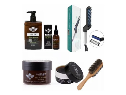 Kit Barbería Aceite Barba Shampoo Gel Cepillo Peine Alisador