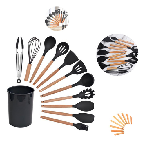 Utensílio De Cozinha Silicone Kit Com 12peças - Cabo Madeira