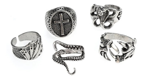 5 Anillos Gotico Acero Ajustable Ojo Garra Póker Cruz Cobra 