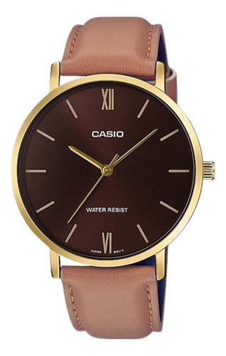 Reloj Casio Caballero Original Mtp-vt01gl-5b Color De La Correa Marrón Color Del Bisel Dorado Color Del Fondo Marrón