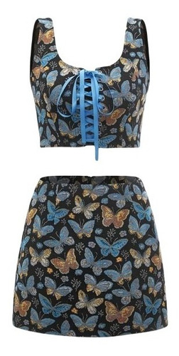 Falda Talle Alto Corta Top Bustier Crop Top Mariposas 