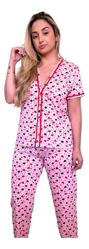 Pijama Feminino Meia Estação Aberto Com Botões Manga E Calça