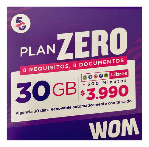 Chip Plan Zero Wom 30 Gb + 300 Minutos + Redes Libres
