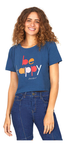 Camiseta Feminina Malha Be Happy Polo Wear Azul Escuro