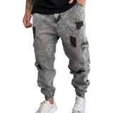 Jogger Jean Cargo Mom Roturas Gris Pantalon Hombre Premium