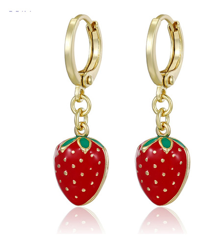 Aretes Oro 14k Lam Fresa Roja Colgante Joven Dama Regalo