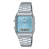 Reloj Casio Vintage Aq230a Aq-230a Analogo Digital Wr Malla Plateado Bisel Plateado Fondo Celeste