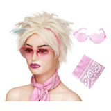 Peluca Corta Rubia Rosa Azul Estilo Raro Con Bandana Y Gafas