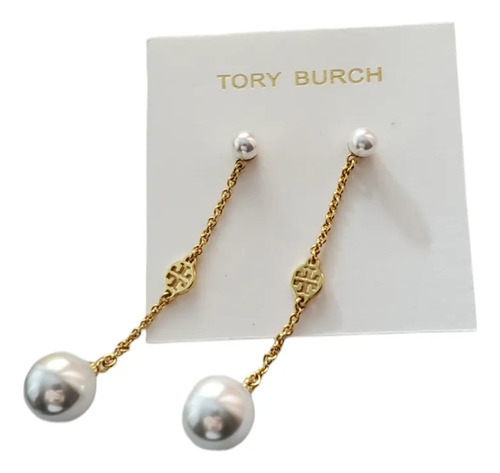 Aretes Tory Burch Colgantes Perlas Y Logo Dorado 