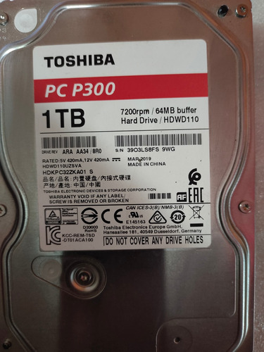Disco Hdd Toshiba 1 Tb Pc 300 Sata 3 64mb Usado