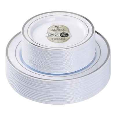 50 Platos De Plástico Desechables Elegante. Para 25 Personas Color Plateado | MercadoLibre