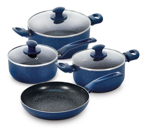 Batería De Cocina 7 Pzs Antiadherente Granito Navy Ilko