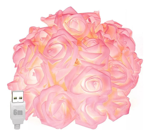 Cadena De Luz Decorativa Led Flor Rosa, 6m 40led Entrada Usb