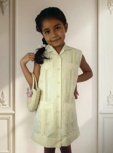 Vestido Tipo Guayabera Yucateca Artesanal De Lino Para Niña | Envío gratis