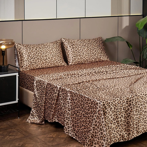 Fan Hua 4pza Juego De Sabana Funda Queen Size Satin Leopardo