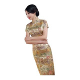 Vestido Longo (ou Qipao) Com Estampa Imperial - Dourado