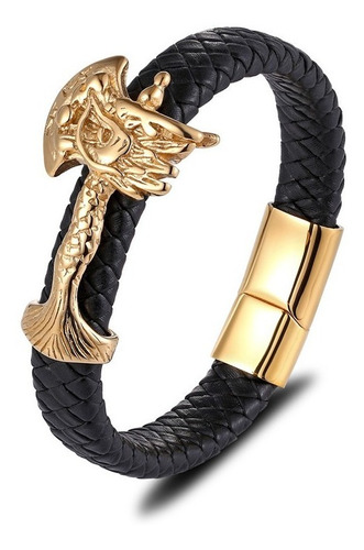 Pulsera Hombre Cuero Trenzado Acero Hacha Dragón Color Oro