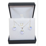 Conjunto De Plata 925 Aros +cadena Corazón Vitral Light Caja