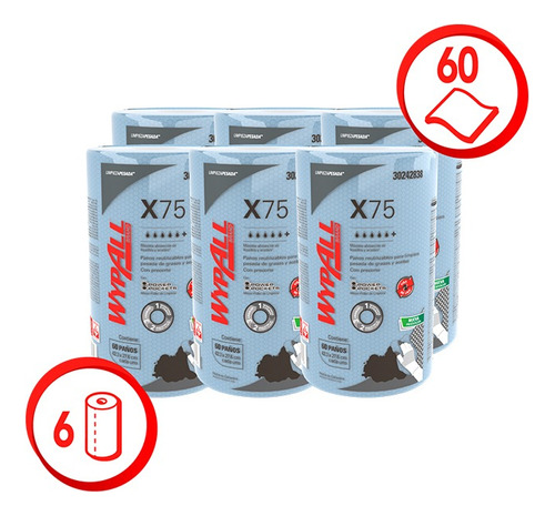 Wypall X75 Regular Roll Plus Power Pocket X 6 Unidades