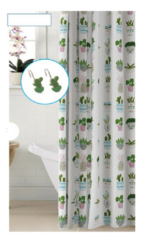 Cortinas Baño Vinilo Cactus + 12 Ganchos Resina Envio Gratis