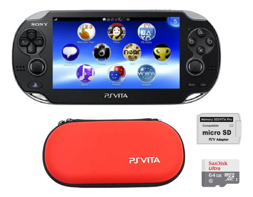 Playstation Psvita Console Portátil Sony Desbl. Cartão 64 Gb Skin Fibra De Carbono + Case 