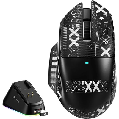 Attack Shark V6 Mouse Gamer Inalambrico, 25000 Dpi, 65g, 500mah Raton Inalambrico Con Base De Carga Magnética Con Luz Rgb , Programable De Mouse Ergonomico Inalambrico, Bluetooth+2.4g+usb, Negro | Meses sin interés