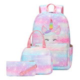 Mochila De Niña Unicornio Arcoiris Guapa Conjunto De Tres Pi